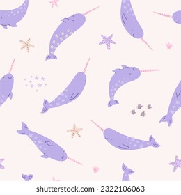 Cute cartoon magical narwhal. Adorable fairytale, mythological underwater life. Flat cartoon colorful vector illustration. Seamless pattern