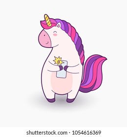 Cute cartoon magical unicorn. Vector illustration. Template for printing, background, texture, wallpaper, postcard. Unicorn holding a phone and makes selfie