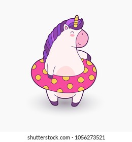 Cute cartoon magical unicorn. Vector illustration. Template for printing, background, texture, wallpaper, postcard. Unicorn in inflatable ring smiling