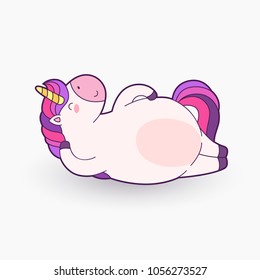 Cute cartoon magical unicorn. Vector illustration. Template for printing, background, texture, wallpaper, postcard. Unicorn tans and smiles