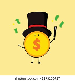 cute cartoon magician gold coin Mascot Character Vector illustration color children cartoon funny magician gold coin clipart