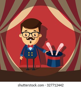 Cute Cartoon Magician and the Rabbit in Hat. Colorful Vector Illustration