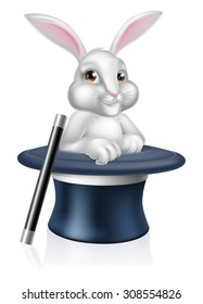 A cute cartoon magicians bunny rabbit coming out of a top hat with a magic wand