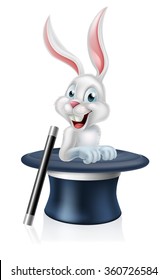 A cute cartoon magicians bunny rabbit coming out of a top hat with a magic wand