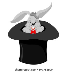 A cute cartoon magicians bunny rabbit coming out of a top hat with a magic wand, vector illustration