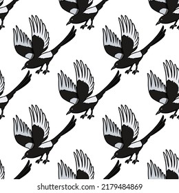 Cute Cartoon Magpie Doodles Seamless Border Pattern. Crow Or Bird Vector Repeatable Background Texture Tile. Cozy Template Of Stock Illustration For Wrapping Design, Wallpaper