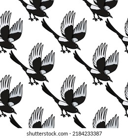 Cute Cartoon Magpie Doodles Seamless Border Pattern. Crow Or Bird Vector Repeatable Background Texture Tile. Cozy Template Of Stock Illustration For Wrapping Design, Wallpaper