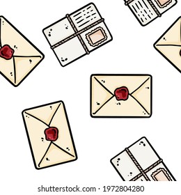 Cute cartoon mail post envelopes doodles seamless border pattern. Vector repeatable background tile. Cozy craft template of stock illustration for wrapping design, wallpaper
