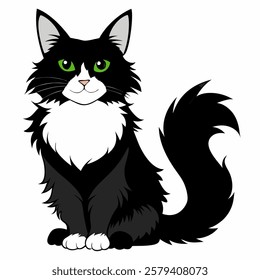 Cute cartoon Maine Coon black and white cat isolated on white background. Suitable for educational poster, logo, children's books and  encyclopedias. Vector illustration.