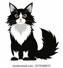 Cute cartoon Maine Coon black and white cat isolated on white background. Suitable for educational poster, logo, children's books and  encyclopedias. Vector illustration.