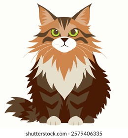 Cute cartoon Maine Coon brown cat isolated on white background. Suitable for educational poster, logo, children's books and  encyclopedias. Vector illustration.