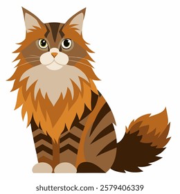 Cute cartoon Maine Coon brown cat isolated on white background. Suitable for educational poster, logo, children's books and  encyclopedias. Vector illustration.