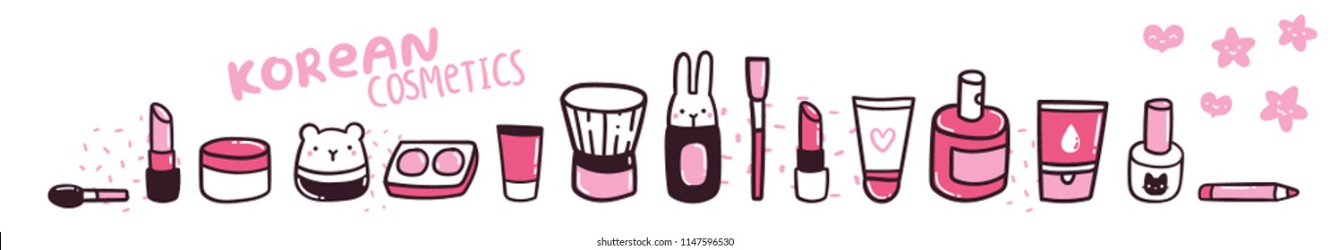 Cute Cartoon Make Up Collection. Korean Cosmeticts Funny Illustration. Cream, Lotion, Gel, Nail Polish, Eye Shadow, Perfume, Lip Stick, Brush, Pencil.
