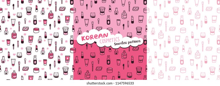 Cute cartoon make up collection. Korean cosmeticts funny illustration. Cream, lotion, gel, nail polish, eye shadow, perfume, lip stick, pencil. Seamless pattern for fabric, wallpaper, background.
