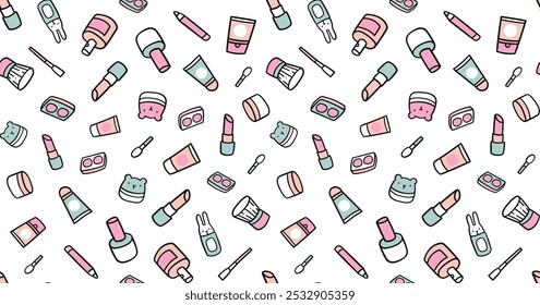 Bela coleção de desenhos animados. Coreano cosméticos ilustração engraçada. Creme, loção, gel, esmalte de unha, sombra de olho, perfume, lábio, lápis. Padrão perfeito para tecido, papel de parede, fundo.

