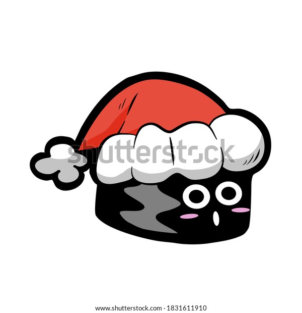 白いシルエットに絵文字のエレメント クリスマス赤い帽子をかぶったかわいいまき寿司 ロゴ プランナー カード デザインなどの黒い線のデコレーションを落書きします 休日に関するベクターイラスト のベクター画像素材 ロイヤリティフリー