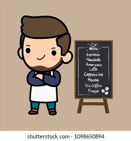 Cute cartoon male Barista, standing with menu signage ,black board , flat style vector illustration