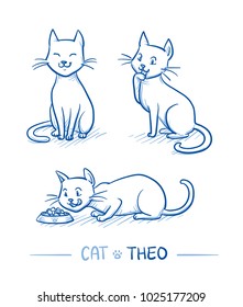 Cute cartoon male cat with feed bowl, licking its paw and looking satisfied. Hand drawn doodle vector illustration.