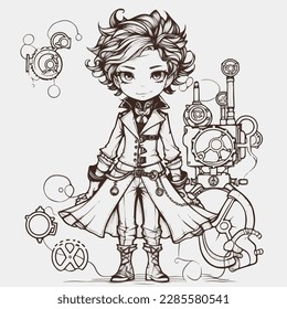 caricatura lindo personaje masculino, chico, estilo steampunk, mundo de fantasía, vestido vixtoriano, para libro de colorido o postal