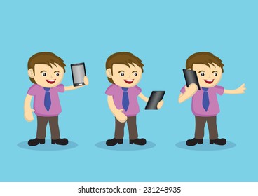 Cute cartoon male character in short sleeved shirt and necktie using digital tablet in different ways. Set of three vector illustration isolated on blue.
