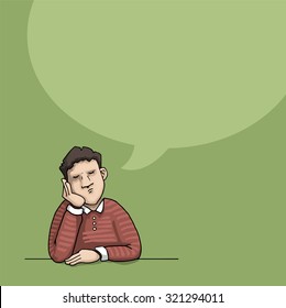 Cute cartoon male character sitting and thinking, vector illustration