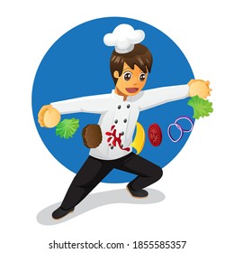 Cute cartoon male chef preparing burger