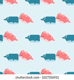 Cute cartoon male and female whale is kissing.  Seamless pattern vector background. Lovely cartoon whale on pastel blue and white wave background.