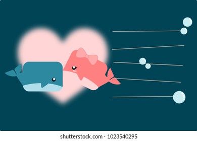 Cute cartoon male and female whales is kissing under the sea. There is big pink heart behind the cute cartoon. Greeting card. Picture with line for writing or typing your message.