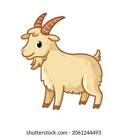 

Cute cartoon male goat stands on a white background. Vector illustration with a pet.