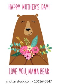 Cute cartoon Mama Bear with flowers bouquet, Mother's day card svg