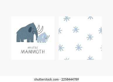 Dibujo lindo Mammothn - estilo escandinavo de impresión vectorial. Decoración para el recién nacido. Mamut Wooly. 