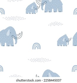 Dibujo lindo Mammothn - estilo escandinavo de impresión vectorial. Decoración para el recién nacido. Mamut Wooly. Patrón transparente 