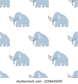 Dibujo lindo Mammothn - estilo escandinavo de impresión vectorial. Decoración para el recién nacido. Mamut Wooly. Patrón transparente 