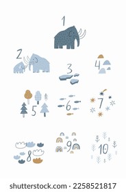 Cute cartoon Mammoth - vector print scandinavian style. Decor for nursery, newborn. Woolly mammotn. Carpet, poster, numbers, cards design 