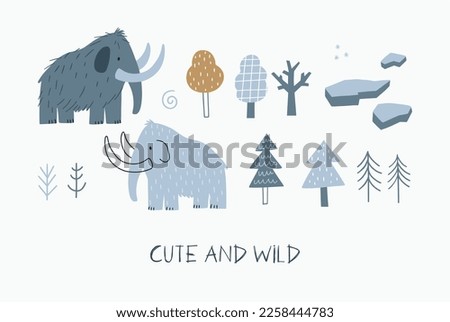 Cute cartoon Mammoth - vector print scandinavian style. Decor for nursery, newborn. Woolly mammotn. 
