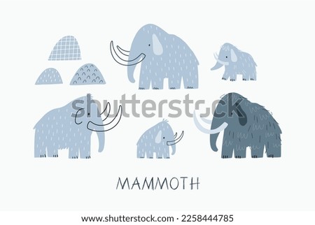 Cute cartoon Mammoth - vector print scandinavian style. Decor for nursery, newborn. Woolly mammotn. 
