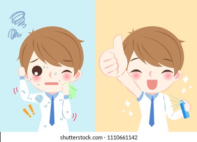 cute cartoon man with armpit problem on blue background