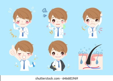 cute cartoon man with armpit problem on blue background