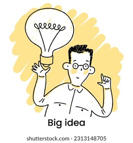 Cute cartoon man  with a big light bulb. Business idea, plan strategy and solution concept. Big idea, thinking, innovation. Business start up. Web page design template