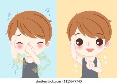 cute cartoon man with body odor problem on blue background