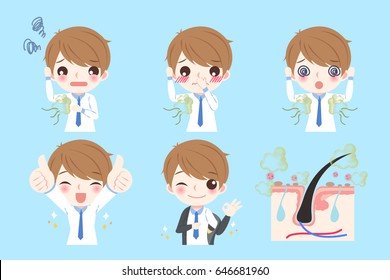 cute cartoon man with body odor problem on blue background