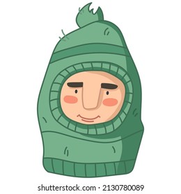 Cute cartoon man character in green tweed knitted balaclava hat