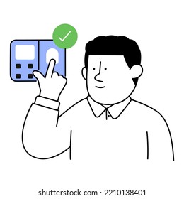 Cute cartoon man character scanning their finger. Biometrics concept. Scanner for home or company. Thin line vector illustration on white