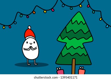 Cute cartoon man in christmas hat looking at new year tree and presents. Vector minimalism style