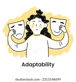 Cute cartoon man. The concept off adaptability. Man is holding two masks, one is sad and the other is happy. Changing human behavior under the influence of social demands and external pressure. 