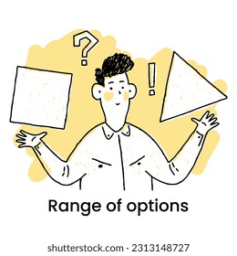 Cute cartoon man. The concept of a range of options. Select a list of options to make a decision.  Modern flat vector illustration for banner.