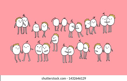 Cute cartoon man doing different things. Crowd of peolpe creating activities. Vector illustration. Pink background