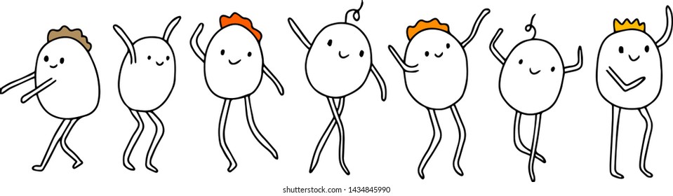 Cute cartoon man doing different things. Crowd of peolpe creating activities. Vector illustration. White black