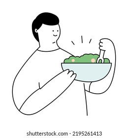 A cute cartoon man eat salad. Diet food,Healthy foods. Healthy and vegan food concept.Thin line vector illustration on white
