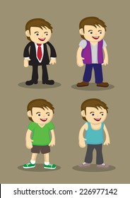 Cute cartoon man in formal suit, casual street wear and sporty attire. Vector character illustration isolated on brown plain background